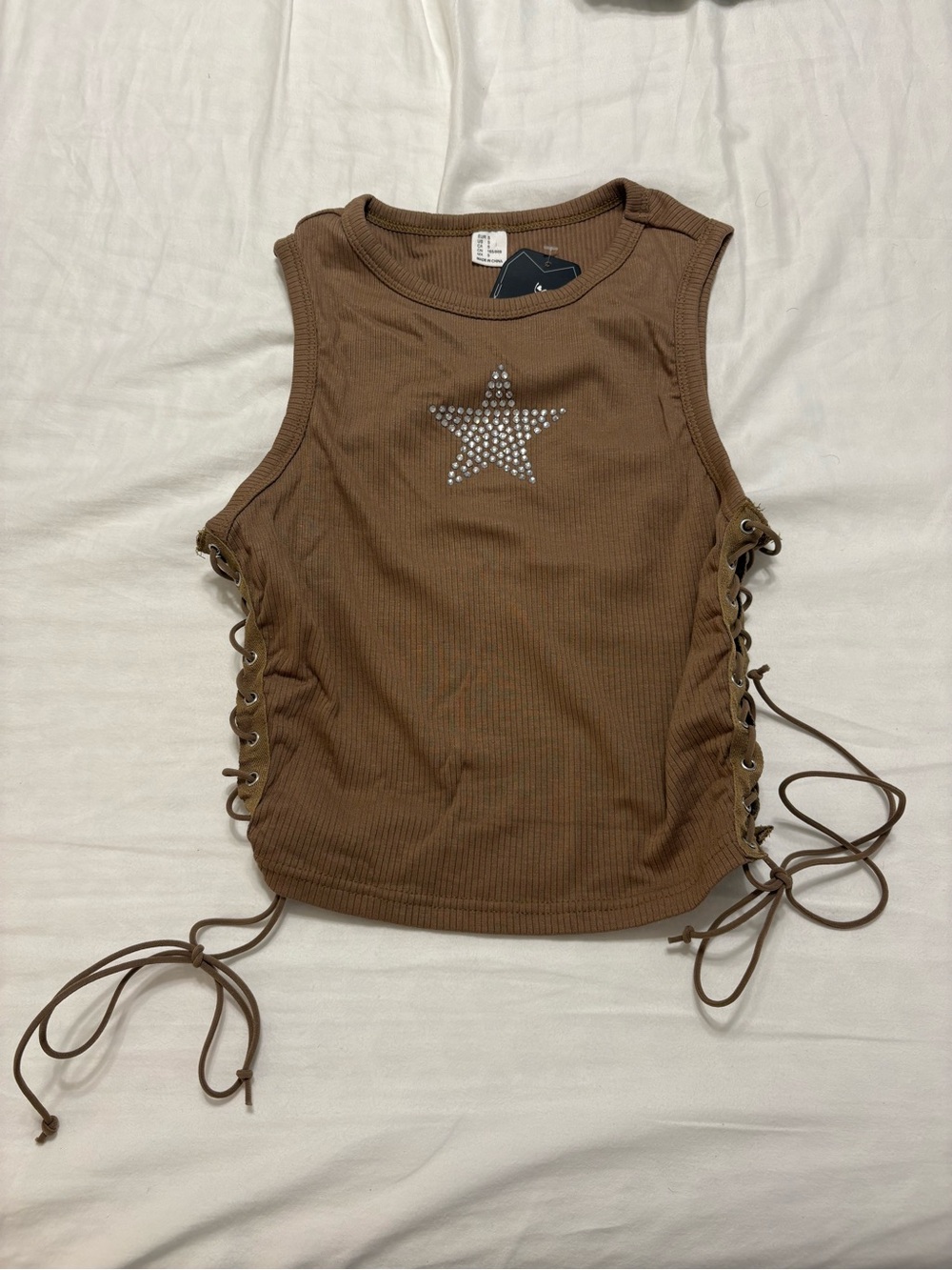 NEW Women’s Brown Lace-Up Ribbed Tank with Star Stud Detail